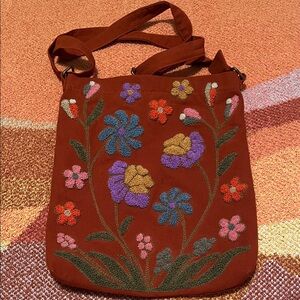 Embroidered Floral Crossbody Bag in Rust